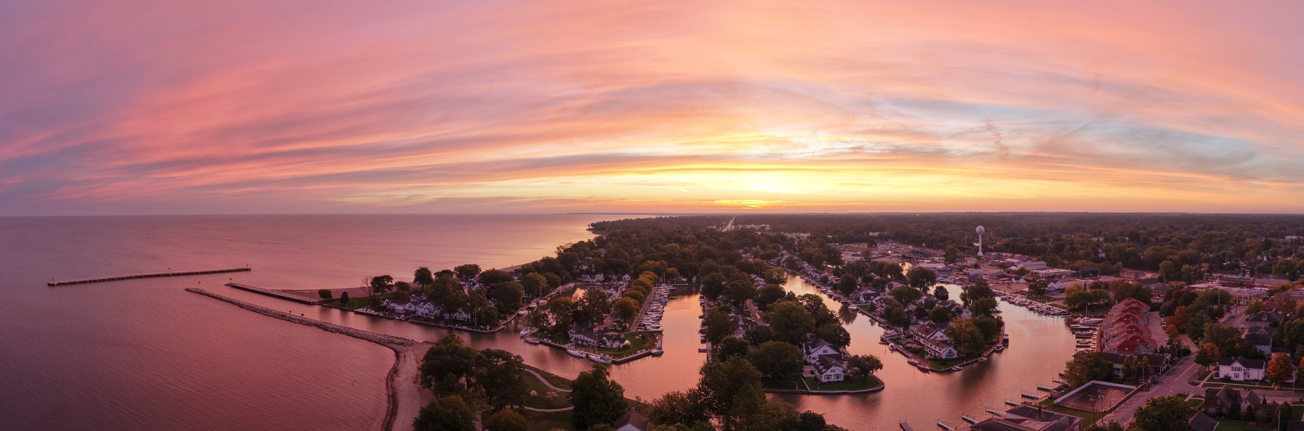 Aerial panorama of the Vermilion Lagoons at sunrise from Main Street Beach
